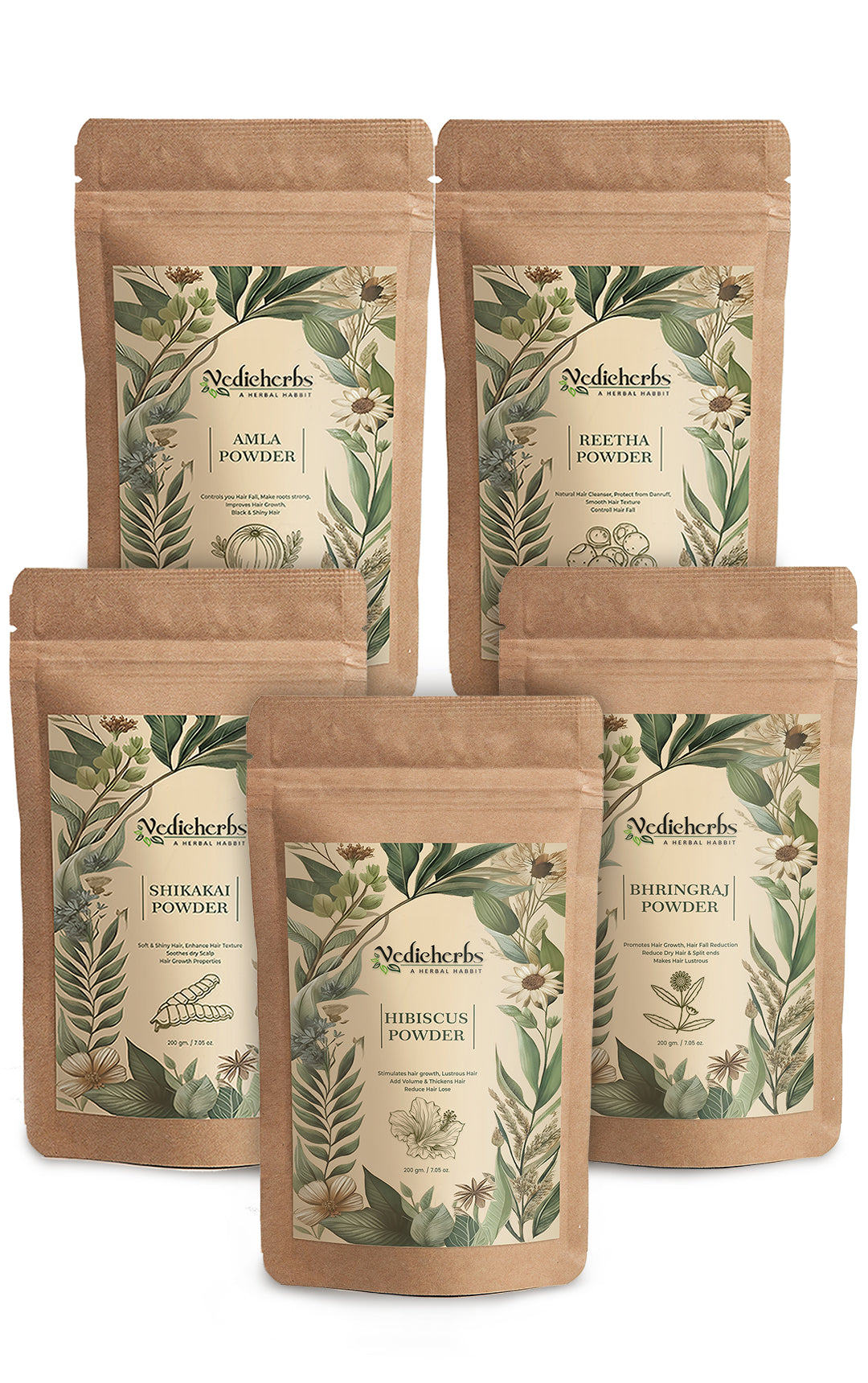 Amla Reetha Shikakai Bhringraj Hibiscus Powder Combo – Complete Ayurvedic Hair Care Pack | Herbal Hair Mask