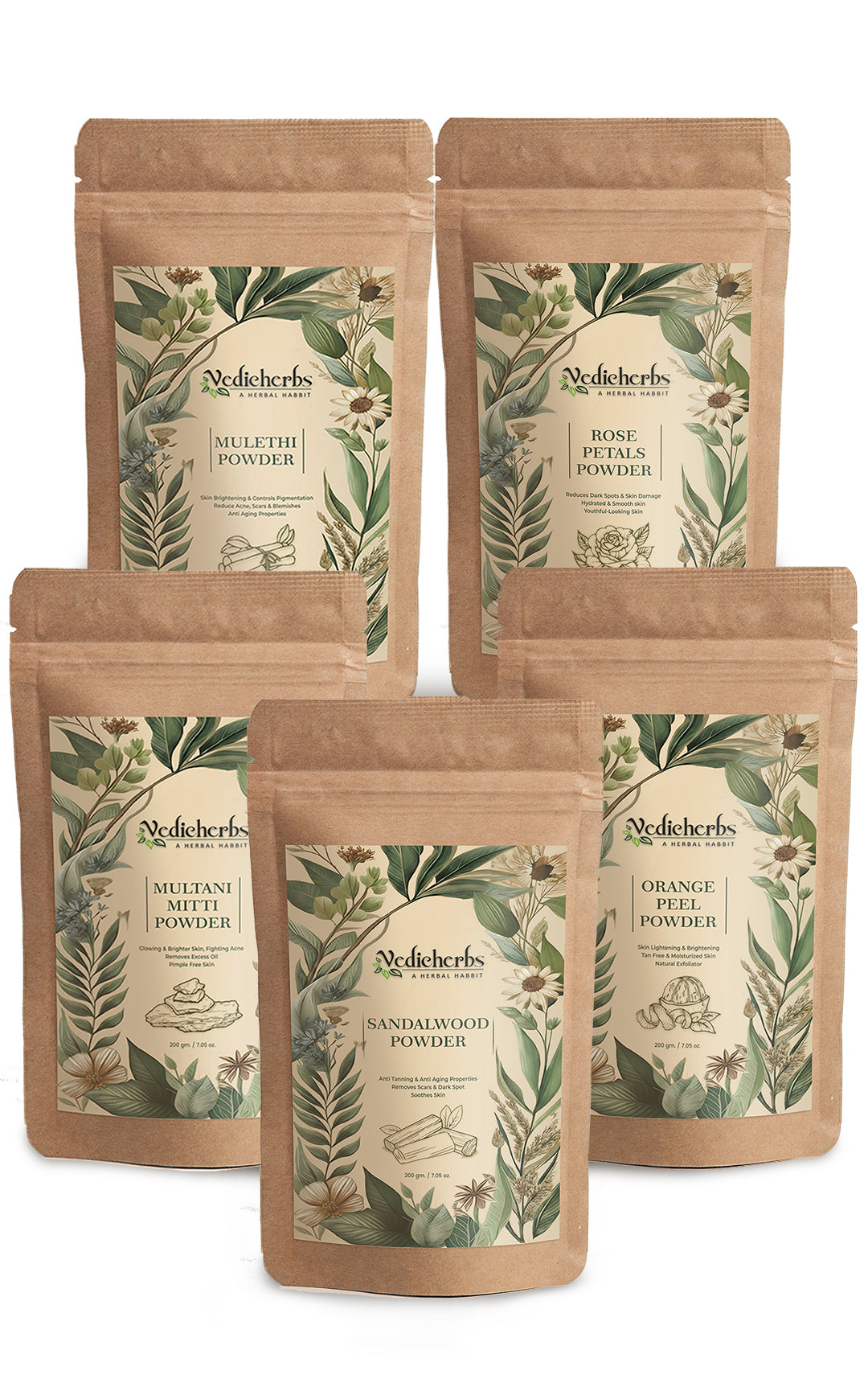 Vedicherbs 5-in-1 Herbal Face Pack Combo | Multani Mitti, Sandalwood, Orange Peel, Mulethi & Rose Petals Powder for Glowing Skin (200gm each)